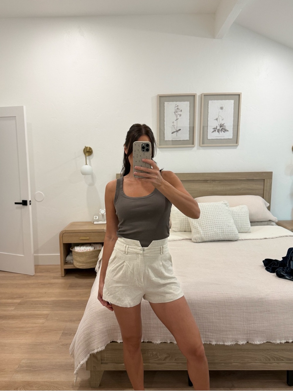 High-Waist Cream Tailored Cotton-Blend Shorts